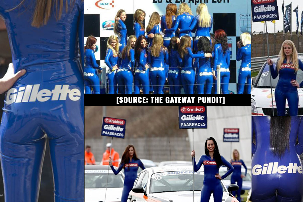 Image: Gillette dresses women in skin tight clothing with corporate logo spread across their asses, then lectures men about “toxic masculinity”