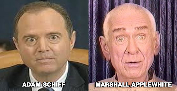 Image: Adam Schiff leads cult-like Democrats to their own mass suicide, following in the footsteps of Marshall Applewhite, founder of California’s Heaven’s Gate cult