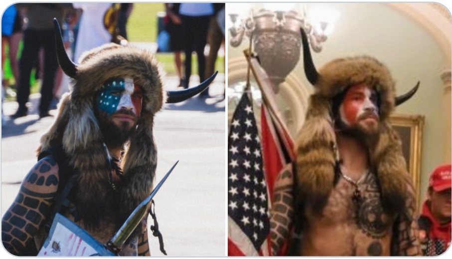 Image: FALSE FLAG CONFIRMED: “Viking” who stormed the Capitol Building previously photographed at BLM rally wearing the same outfit