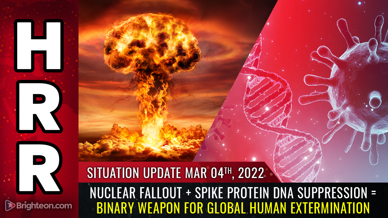Image: The binary weapon extermination plot becomes clear: mRNA spike protein injections suppress DNA repair, followed by global nuclear events that unleash DNA-damaging radiation