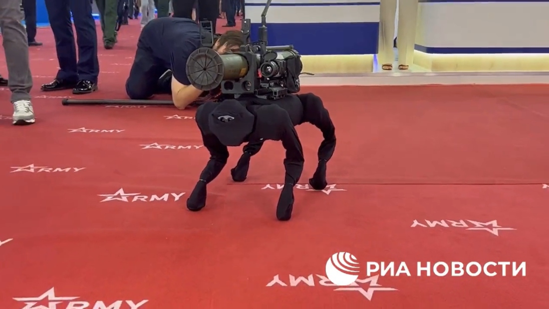 Image: Russian army debuts robot dog with grenade launcher strapped to back